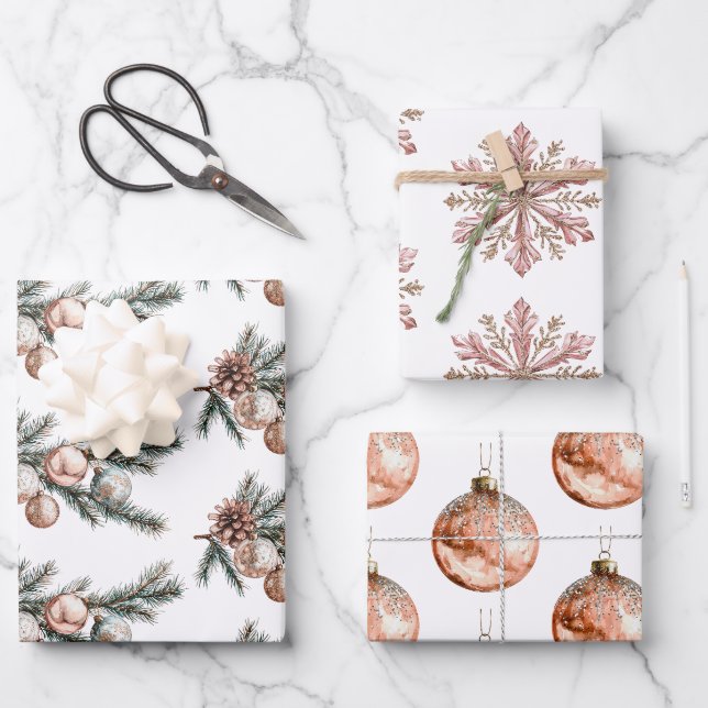 White Rose Gold Schneeflocken Ornamente Weihnachte Geschenkpapier Set (Vorderseite)