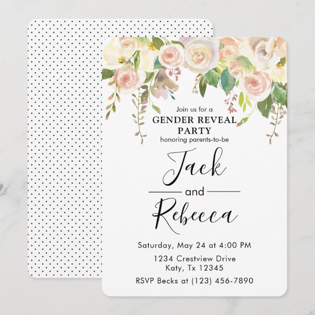 White Rose Green Gender Reveal Baby Shower Einladung (Vorne/Hinten)