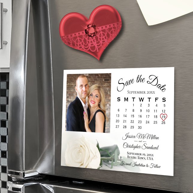 White Rose Kalender & Foto Speichern Sie das Date  Magneteinladung (Convenient magnet back!)