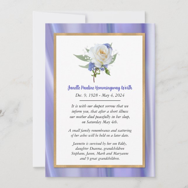 White Rose Lavender Death Announccard Ankündigung (Vorderseite)