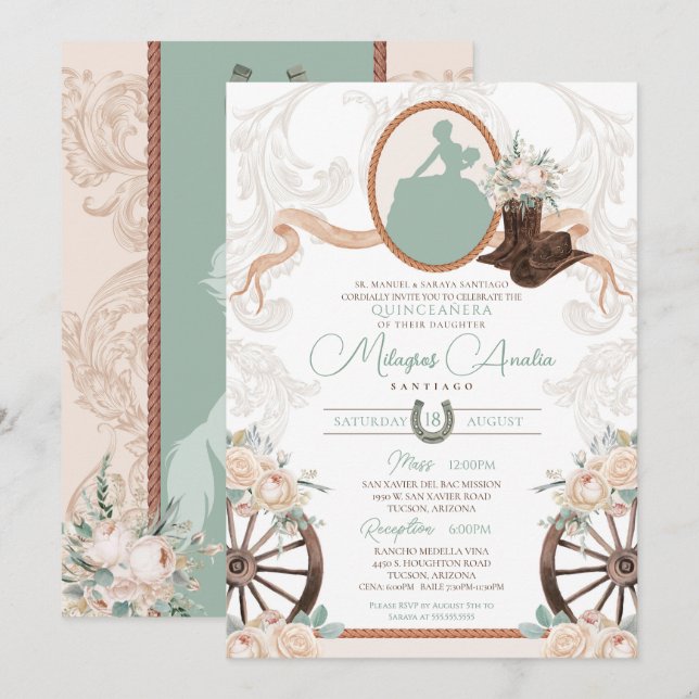 White Rose Minze Green Charro Western Quinceanera Einladung (Vorne/Hinten)