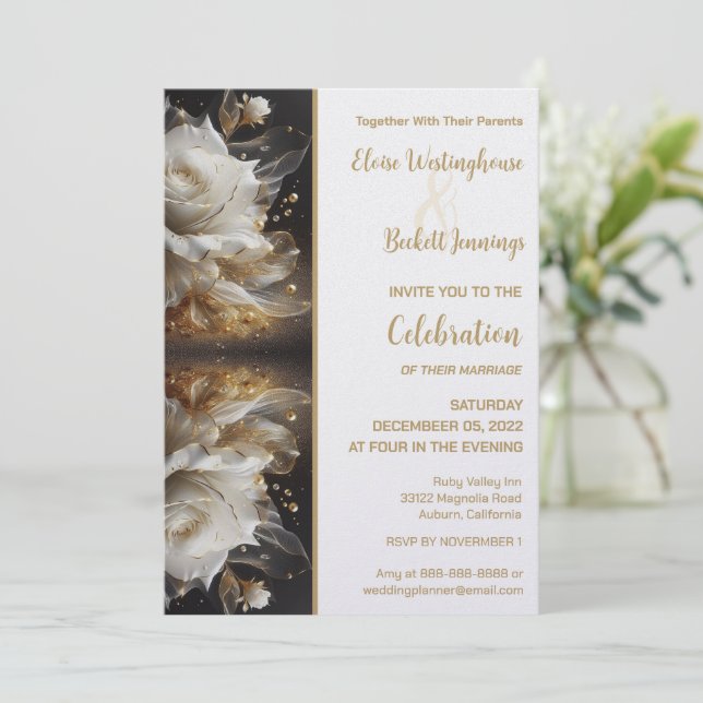 White Rose mit Goldene Hochzeit Einladung (Stehend Vorderseite)