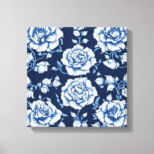 White Rose Muster & Royal Blue Background Art Leinwanddruck
