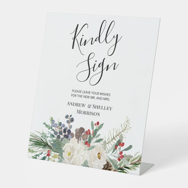 White Rose & Pine Kindly Sign Wedding Gästebuch Sockelschild (Vorderseite)