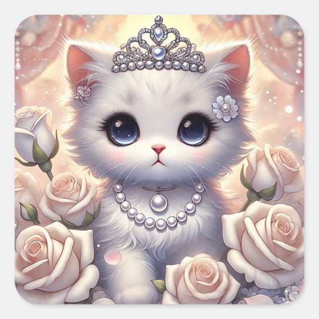 White Rose Princess Cat Quadratischer Aufkleber (Vorderseite)