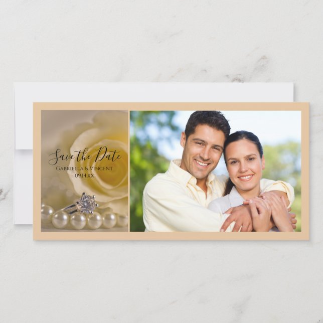 White Rose, Ring und Perlen Hochzeit Speichern Sie Save The Date (Vorderseite)