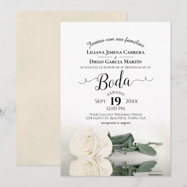 White Rose Romantic Spanish Language Boda Wedding Einladung (Vorne/Hinten)