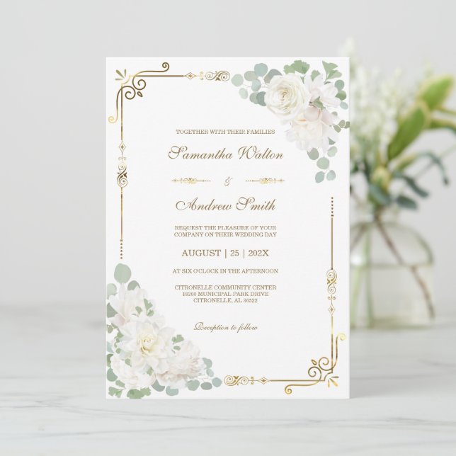 White Rose Sage Green Gold Hochzeit Einladung (Stehend Vorderseite)
