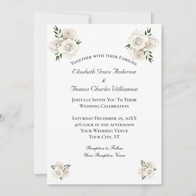 White Rose und Gold Formal Klassische Hochzeit Einladung (Vorderseite)