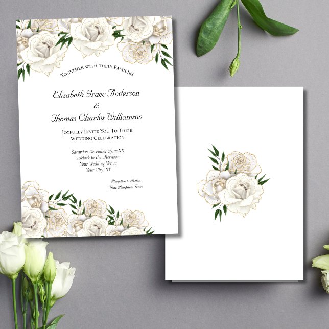 White Rose und Gold Formal Klassische Hochzeit Einladung (White Roses Gold Trim Elegant Wedding Invitation. Printed or Instant Digital Download)