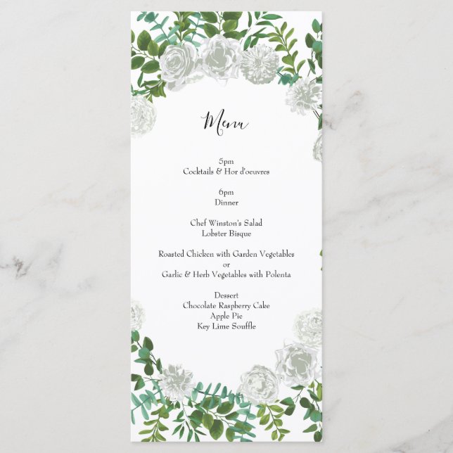 White Rose Wedding Floral Classic Menükarte (Vorderseite)