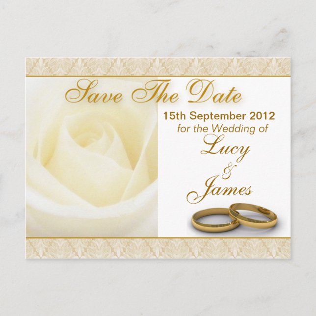 White Rose & Wedding Rings Save the Date Karte (Vorderseite)