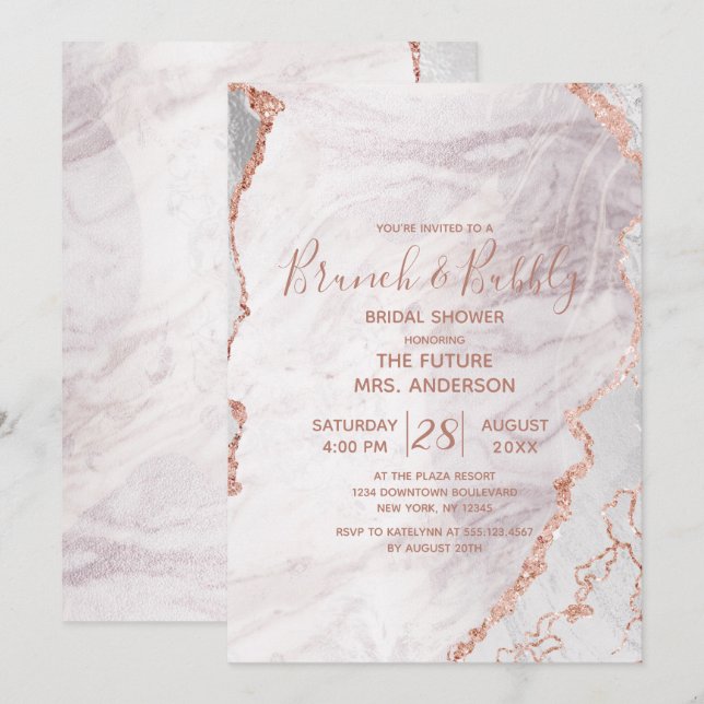 White & Rosen Gold Brunch & Bubbly Brautparty Einladung (Vorne/Hinten)