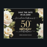 White Roses 50. Geburtstag Save the Date Postkarte<br><div class="desc">Weißrosen Aquarell 50. Geburtstagsfeier. Elegantes Blumendesign für jedes Jahr Geburtstagsfeier. Einfach mit Vorlage personalisieren. Schönes,  Save the Date Geburtstagsgeschmacksmuster.</div>