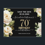 White Roses 70. Geburtstag Save the Date Postkarte<br><div class="desc">Weißrosen Aquarell 70. Geburtstagsfeier. Elegantes Blumendesign für jedes Jahr Geburtstagsfeier. Einfach mit Vorlage personalisieren. Schönes Design aus Save the Date Geburtstagsgeschmacksrichtungen,  schlichtes,  modernes Design mit elegantem Stil und floralen Wasserfarben</div>