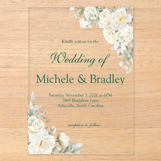 White Roses Acrylic Wedding Invitation Acryleinladungen (Vorderseite)