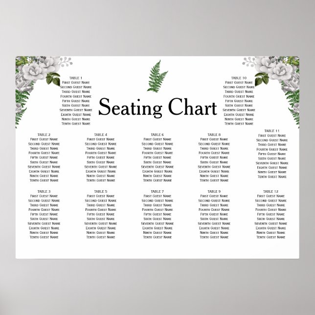 White Roses and Ferns Wedding Reception Seating Poster (Vorne)