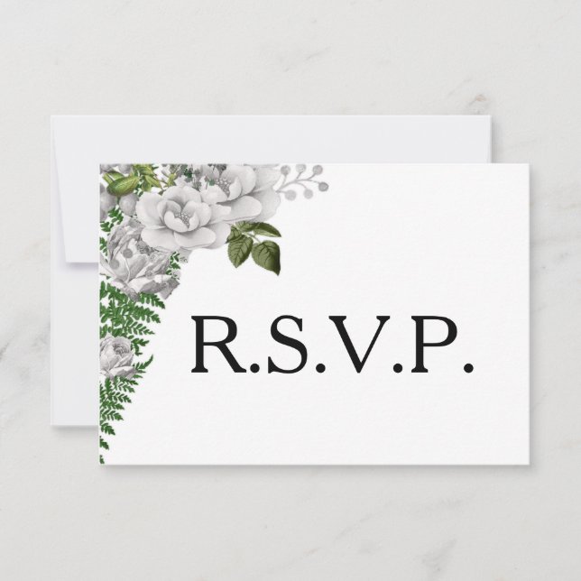 White Roses and Ferns Wedding RSVP (Vorderseite)