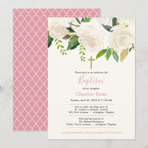 White Roses Baby Taufe und Brunch Pink & Green Einladung