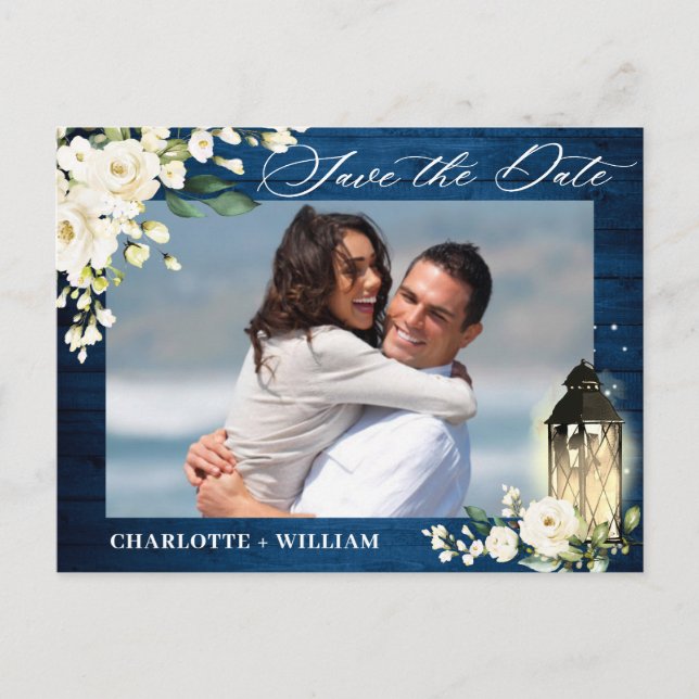 White Roses Blue Wood FOTO Hochzeit speichern Sie  Postkarte (Vorderseite)