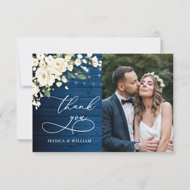 White Roses Blue Wood Lantern Foto Hochzeit Dankeskarte (Vorderseite)