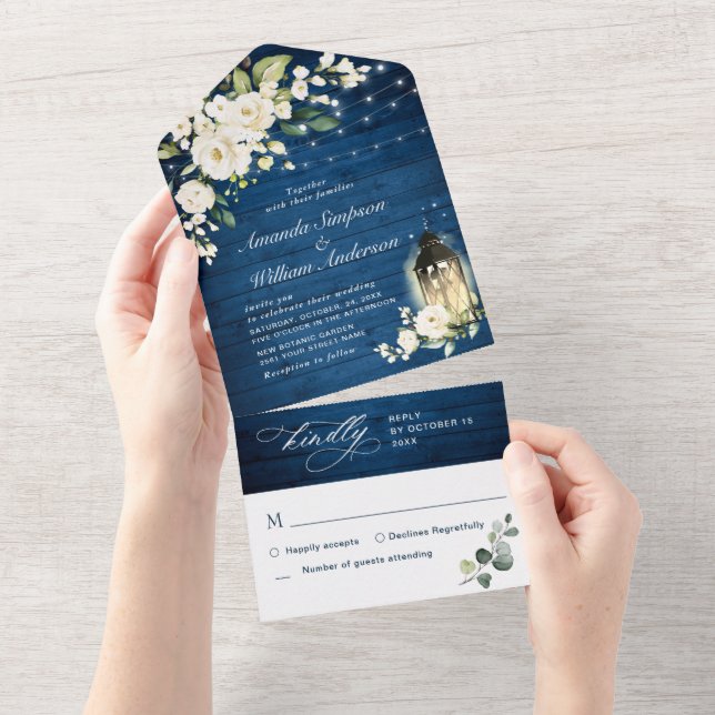 White Roses Blue Wood Lantern Wedding All In One Einladung (Abreißen)