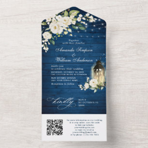 White Roses Blue Wood Wedding QR Code All In One Einladung