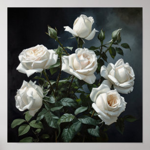 White Roses Blume Art Print Poster