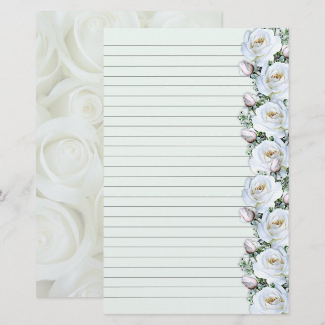 White Roses Bouquet Border 3 Stationery Lined Briefpapier (Vorne/Hinten)