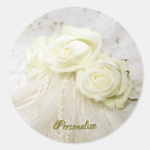 White Roses Bouquet Vintag Lace Veil Personalisier Runder Aufkleber