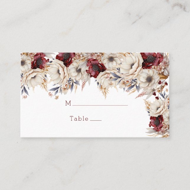 White Roses Burgundy Poppies Wedding Platzkarte (Vorderseite)