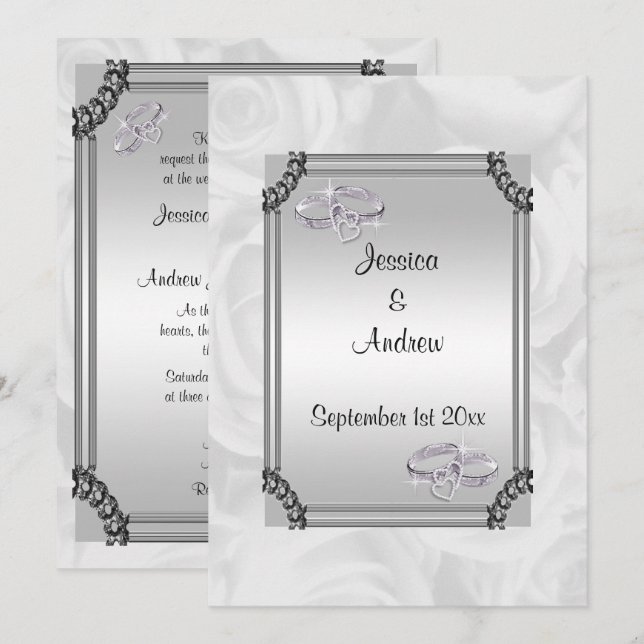 White Roses & Diamond Wedding Rings Einladung (Vorne/Hinten)