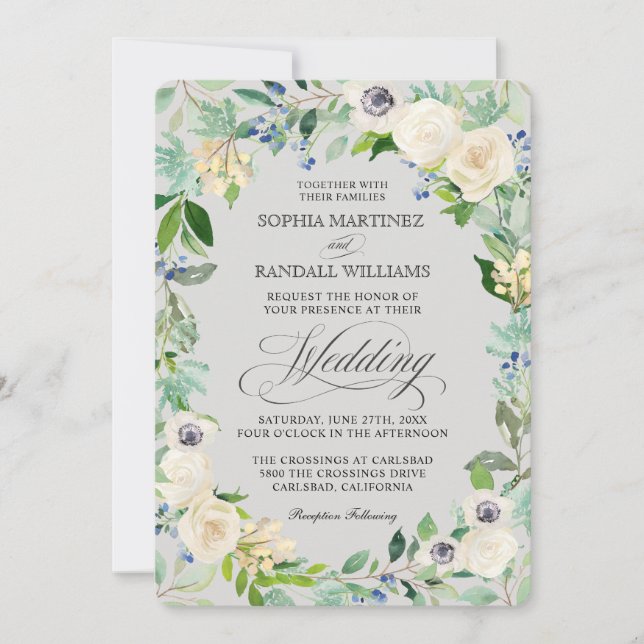 White Roses Elegante Hochzeit mit Flora Einladung (Vorderseite)