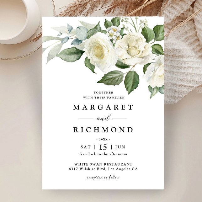 White Roses Elegante Hochzeit mit floralen Waterco Einladung (Von Creator hochgeladen)