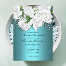 White Roses Elegante on Aqua Wedding Einladung