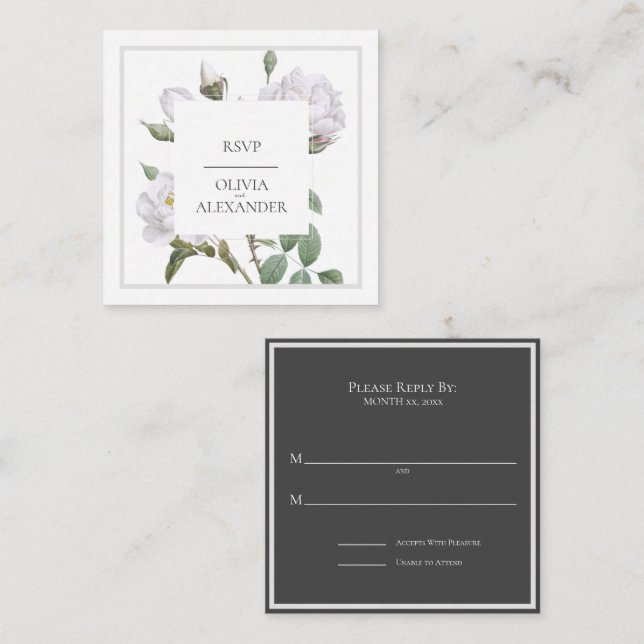 White Roses Elegante Wedding RSVP Card Mitteilungskarte (Vorne/Hinten)