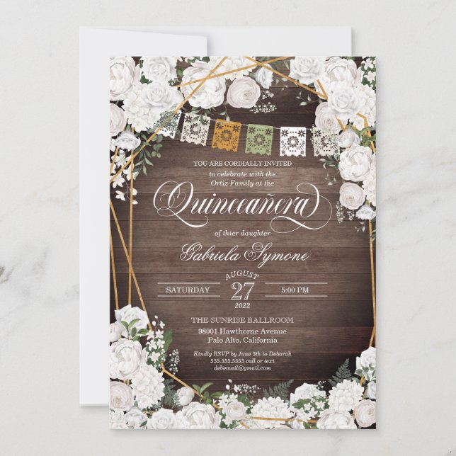White Roses Eleganter Western Rustic Quinceañera I Einladung (Vorderseite)