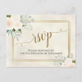 White Roses & Eucalyptus Gold Wedding RSVP Postkarte