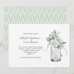 White Roses Eucalyptus Mason Jar Wedding Einladung
