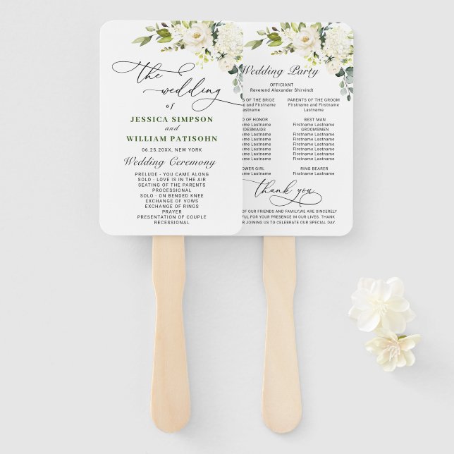 White Roses Eucalyptus Wedding Program Hand Fan Fächer (Vorne und Hinten)