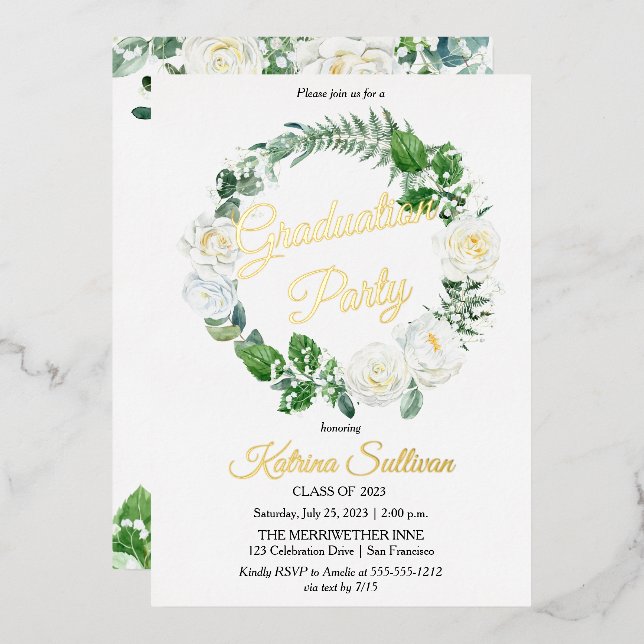 White Roses | Eukalyptus Greenery Abschluss 2023 Folieneinladung (Vorderseite/Rückseite)