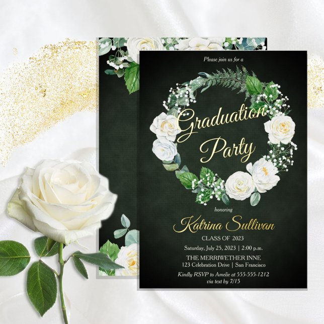 White Roses | Eukalyptus Greenery Graduation Party Folieneinladung (Von Creator hochgeladen)