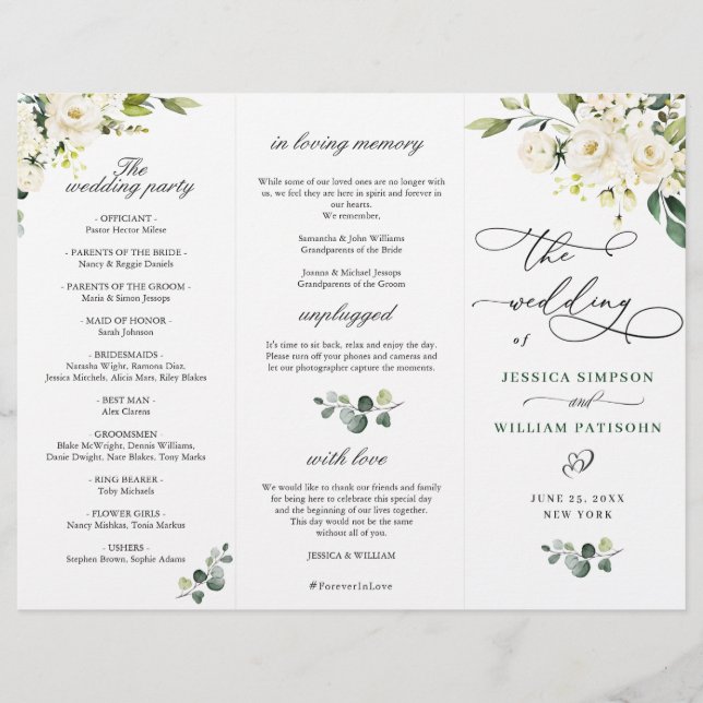 White Roses Eukalyptus Wedding Zeremony Program (Vorderseite)