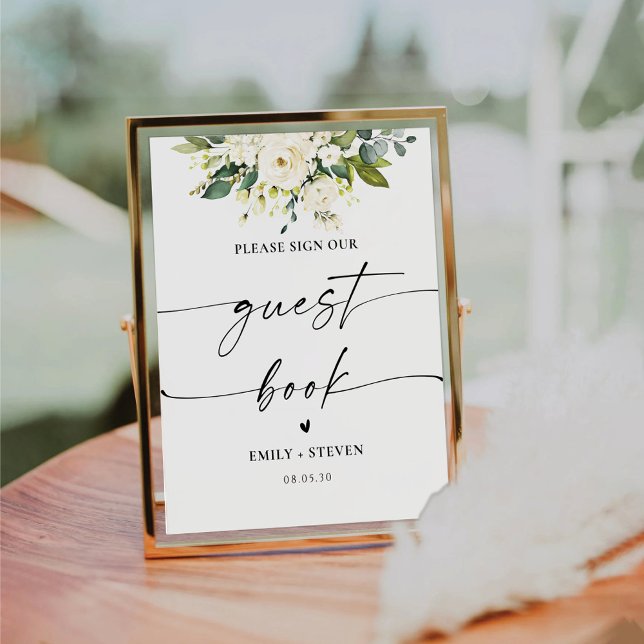White Roses Floral Brautparty Guest Book Sign Sockelschild (Von Creator hochgeladen)