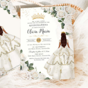 White Roses Floral Princess Gown Gold Quinceañera Einladung