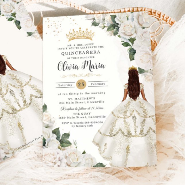 White Roses Floral Princess Gown Gold Quinceañera Einladung (Von Creator hochgeladen)