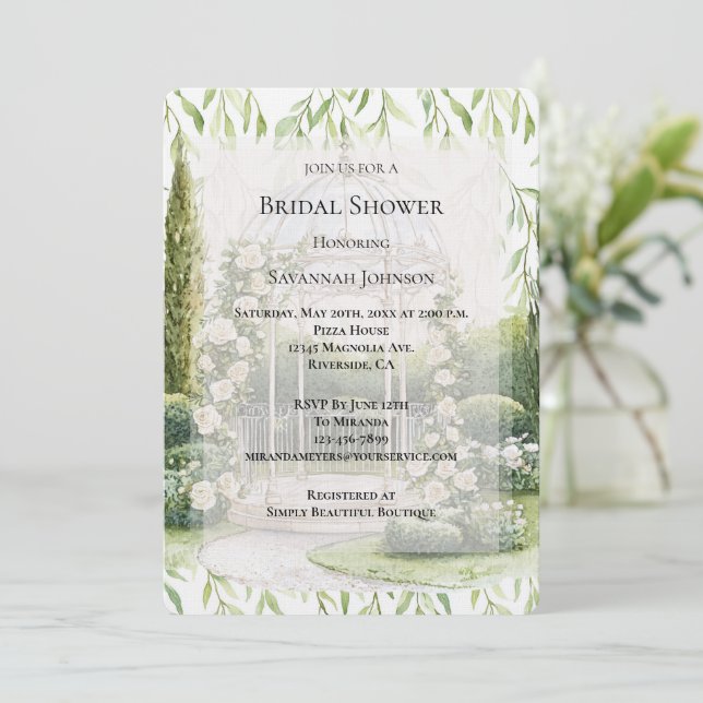 White Roses Floral Romantic Garden Bridal Shower Einladung (Stehend Vorderseite)