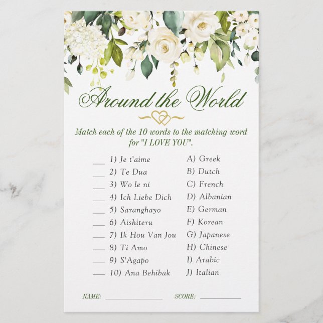 White Roses Floral Watercolor Brautparty Game (Vorderseite)