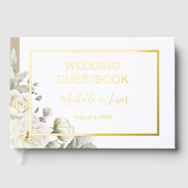 White Roses Floral Wedding Guest Book Gästebuch (Vorderseite)