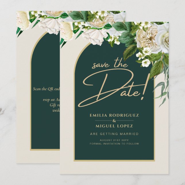 White Roses Forest Green Winter Wedding Rett Dates Einladung (Vorne/Hinten)